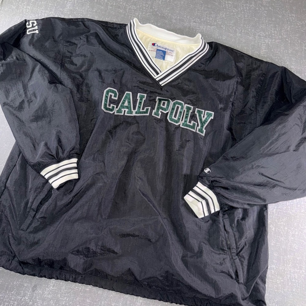 Champion Cal Poly Windbreaker Pullover Black V-Neck XXL Y2K Nylon Vintage